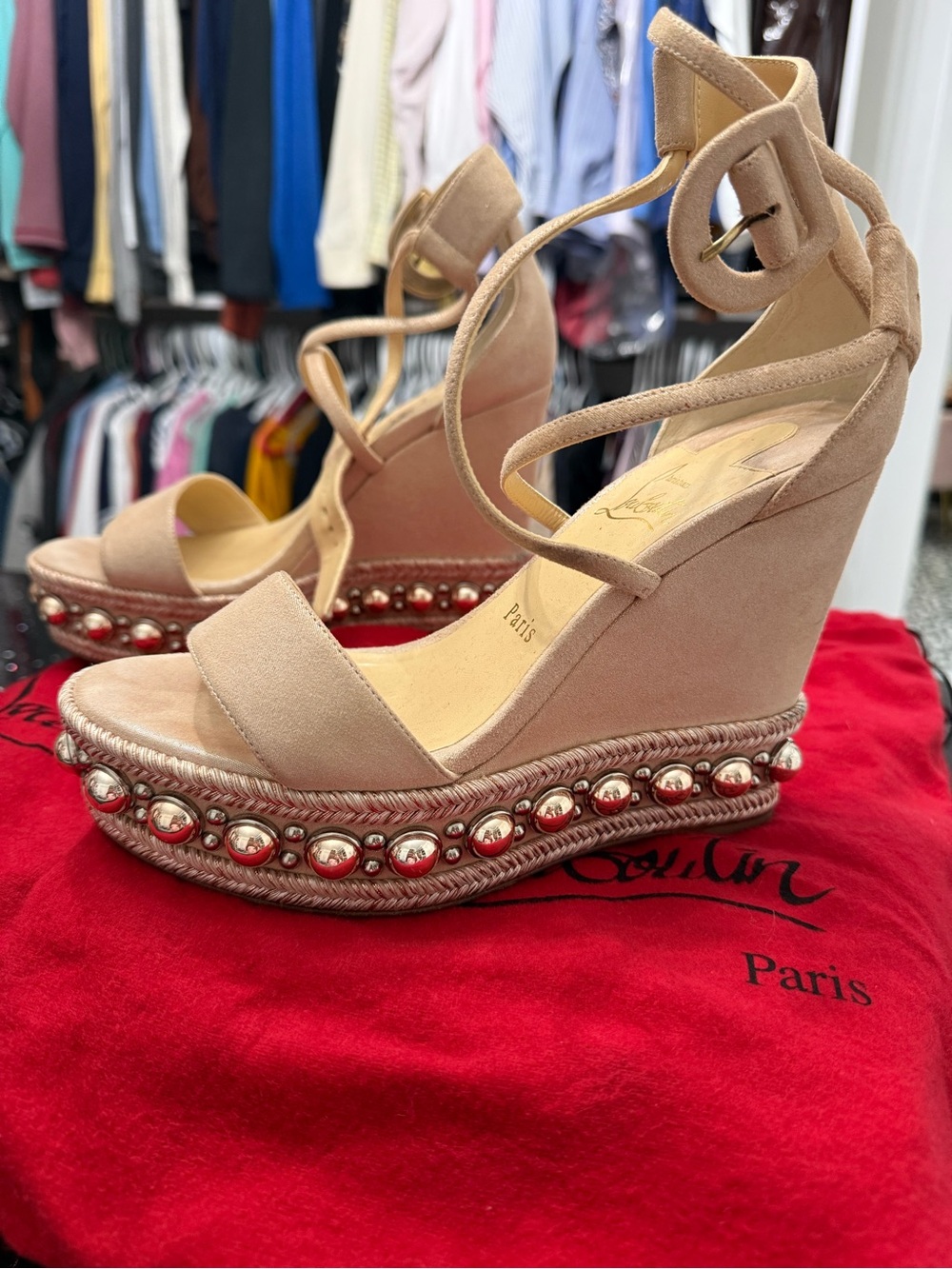 Christian Louboutin Nude Suede Studded Espadrille Wedge Sandals